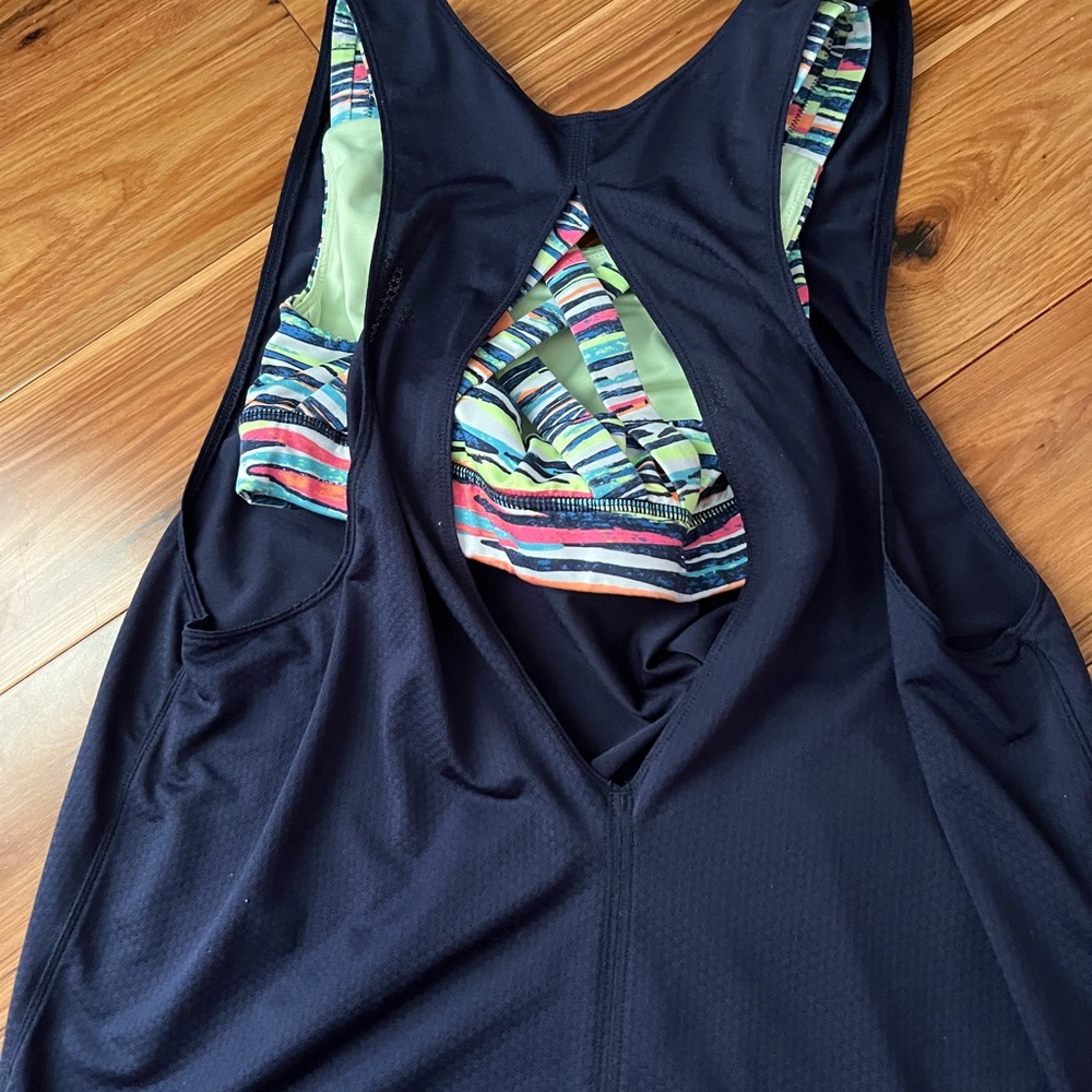 Blue tank top with sports bra attached